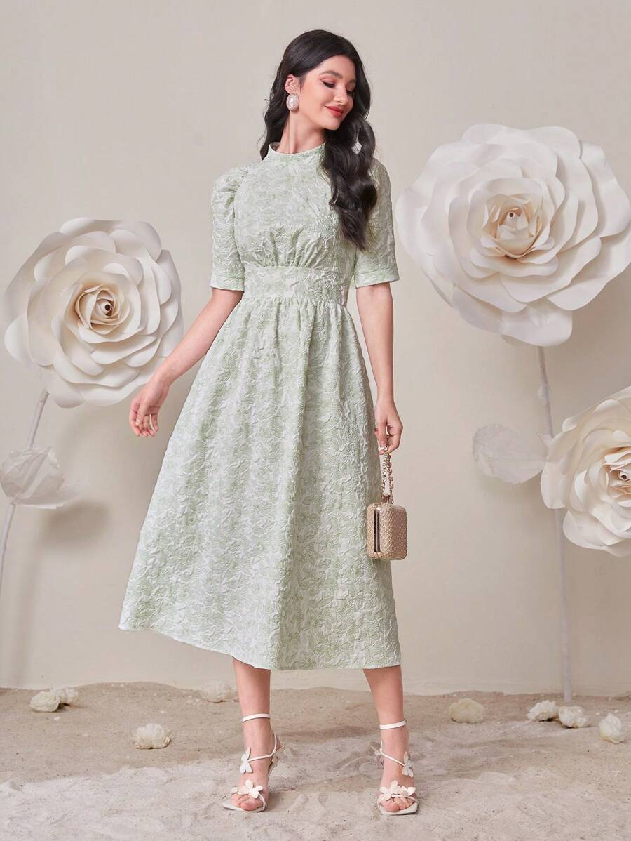 Mulvari Floral Jacquard Puff Sleeve Dress - Mint Green - View 1