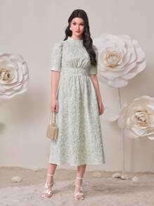 Mulvari Floral Jacquard Puff Sleeve Dress - Mint Green - View 3