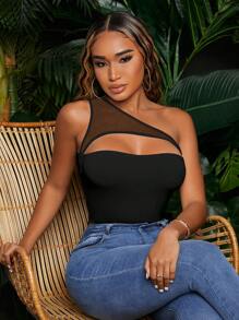 SHEIN SXY One Shoulder Cut Out Contrast Mesh Bodysuit - Black - View 1