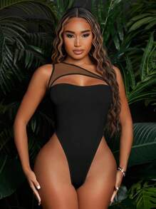 SHEIN SXY One Shoulder Cut Out Contrast Mesh Bodysuit - Black - View 3