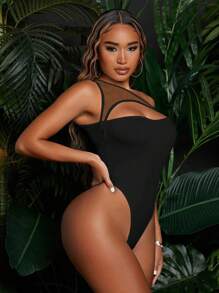 SHEIN SXY One Shoulder Cut Out Contrast Mesh Bodysuit - Black - View 4