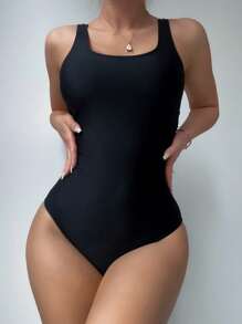SHEIN Swim Bañador una pieza unicolor cruzado trasero - Negro - Ver 7