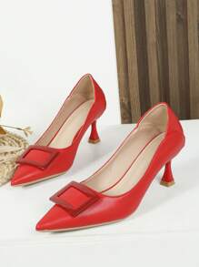 Women Metal Decor Court Pumps, Point Toe Pyramid Heeled Fashion Pumps - Red - View 3