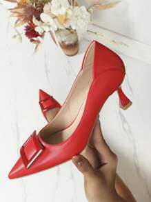 Women Metal Decor Court Pumps, Point Toe Pyramid Heeled Fashion Pumps - Red - View 4