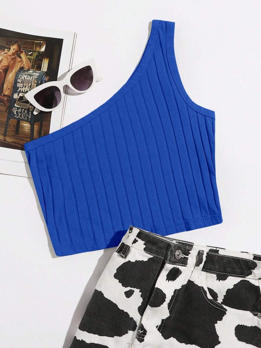 SHEIN EZwear One Shoulder Ribbed Knit Crop Top