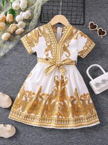 夏季年轻女孩复古民族风节日连衣裙，V 领，常规袖