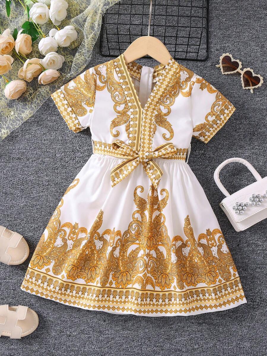 夏季年轻女孩复古民族风节日连衣裙，V 领，常规袖