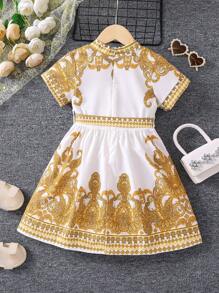 夏季年轻女孩复古民族风节日连衣裙，V 领，常规袖