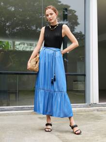 MOTF PREMIUM TASSEL BELT VISCOSE-BLEND SKIRT - Blue - View 4