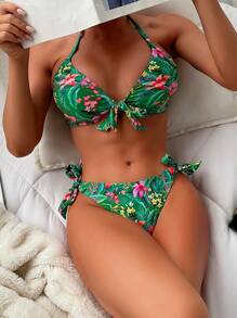 SHEIN Swim Summer Beach Tropical Print Halter Triangle Tie Side Bikini Set - Green - View 1