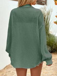 SHEIN LUNE Solid Drop Shoulder Button Front Shirt - Teal Blue - View 2
