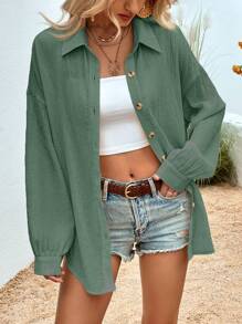 SHEIN LUNE Solid Drop Shoulder Button Front Shirt - Teal Blue - View 5