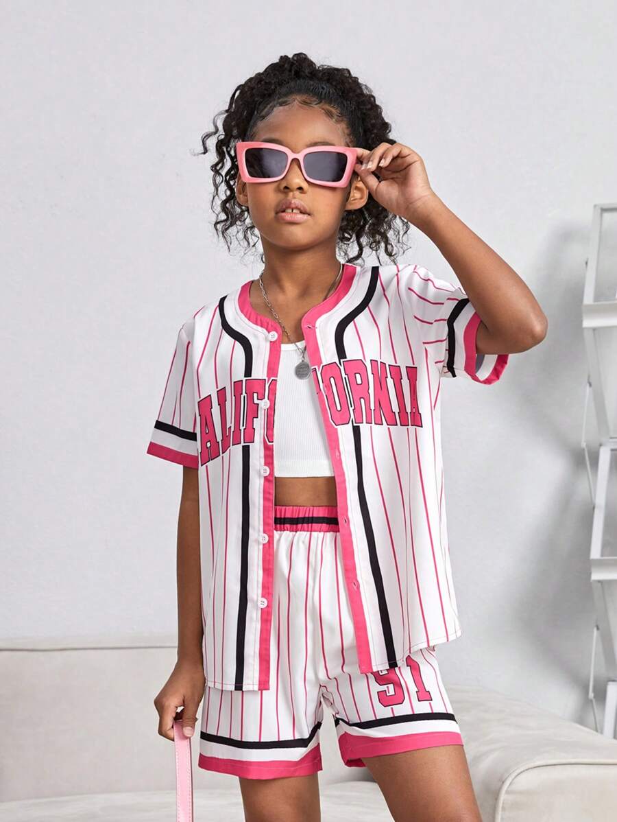 SHEIN Tween Girl Striped & Letter Graphic Shirt & Shorts - Hot Pink - View 1