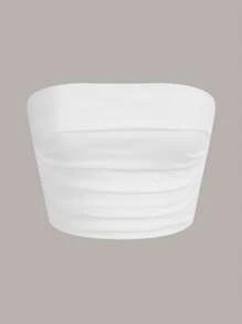 SHEIN EZwear Spring Tops Solid White Ruched Crop Tee - White - View 1