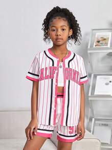 SHEIN Tween Girl Striped & Letter Graphic Shirt & Shorts - Hot Pink - View 4