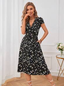 SHEIN Clasi 碎花斜口袋連衣裙 - 黑色 - 查看 3