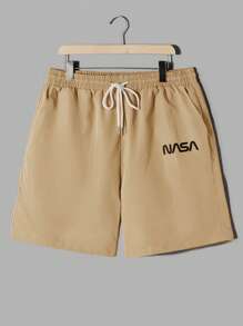 Manfinity VCAY 男士字母圖案T恤和腰部抽繩短褲 - 駝色 - 查看 5