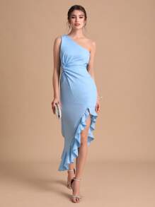 SHEIN Belle Váy phù dâu Bất đối xứng Viên lá sen xoắn lại màu trơn - Màu xanh nhạt - Xem 1