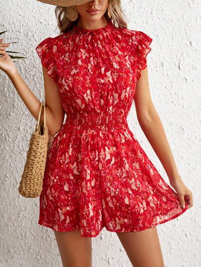 SHEIN VCAY Mono con estampado floral ribete con fruncido