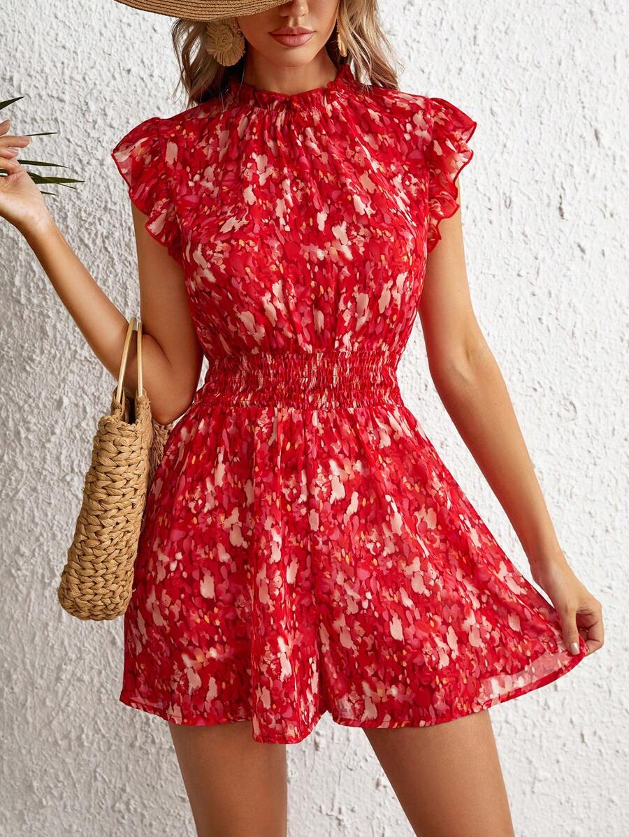 SHEIN VCAY 滿版印花荷葉邊連身短褲 - 紅色 - 查看 1