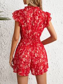 SHEIN VCAY 滿版印花荷葉邊連身短褲 - 紅色 - 查看 2
