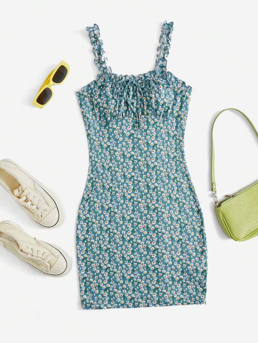 SHEIN Qutie Ditsy Floral Print Frill Trim Cami Dress - Multicolor - View 1