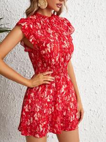 SHEIN VCAY 滿版印花荷葉邊連身短褲 - 紅色 - 查看 6