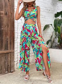 SHEIN VCAY 熱帶圖案短款背心和高衩闊腿褲 - 彩色 - 查看 1