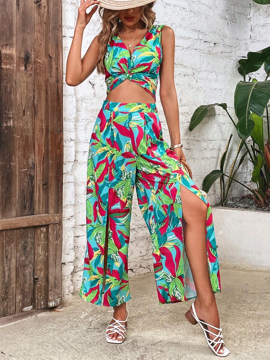 SHEIN VCAY 熱帶圖案短款背心和高衩闊腿褲 - 彩色 - 查看 1