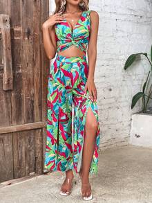 SHEIN VCAY 熱帶圖案短款背心和高衩闊腿褲 - 彩色 - 查看 3