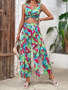 SHEIN VCAY 熱帶圖案短款背心和高衩闊腿褲 - 彩色 - 查看 4