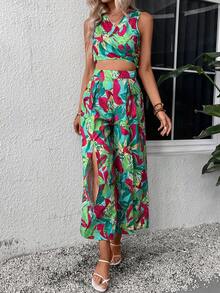 SHEIN VCAY 熱帶圖案短款背心和高衩闊腿褲 - 彩色 - 查看 7