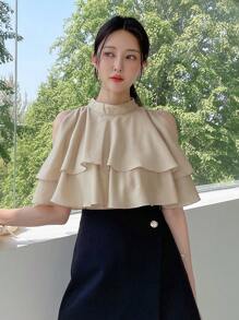 DAZY Cold Shoulder Ruffle Trim Layer Hem Blouse - Apricot - View 3