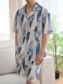 DAZY 男士筆刷圖案西裝領襯衫和短褲