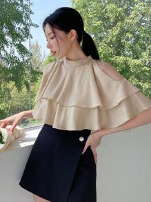 DAZY Cold Shoulder Ruffle Trim Layer Hem Blouse - Apricot - View 6