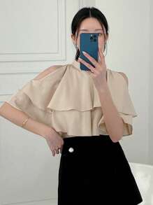 DAZY Cold Shoulder Ruffle Trim Layer Hem Blouse - Apricot - View 7
