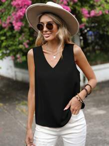 SHEIN LUNE Solid V Neck Sleeveless Blouse,Casual - Black - View 3