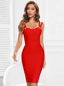 Đầm Lộ Lưng Pha lê kim cương Dây kéo màu trơn Hấp dẫn - Đỏ - Xem 1