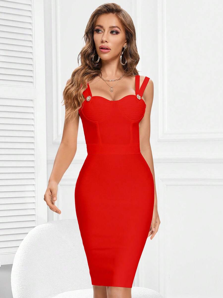 Đầm Lộ Lưng Pha lê kim cương Dây kéo màu trơn Hấp dẫn - Đỏ - Xem 1