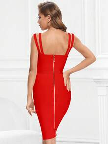 Đầm Lộ Lưng Pha lê kim cương Dây kéo màu trơn Hấp dẫn - Đỏ - Xem 2