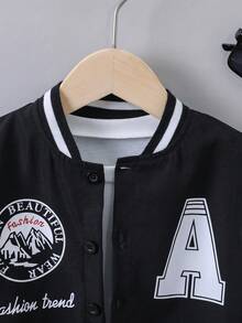 SHEIN 男小童黑/白字母圖案前紐扣棒球領短袖襯衫適用於戶外運動和休閒場合,夏天 - 黑與白 - 查看 3