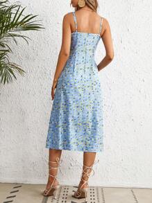 SHEIN VCAY Đầm Dây kéo Tách cao Thắt nơ trước Nếp gấp Phần Ngực Họa tiết hoa Boho - Màu xanh nhạt - Xem 2