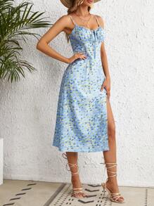 SHEIN VCAY Đầm Dây kéo Tách cao Thắt nơ trước Nếp gấp Phần Ngực Họa tiết hoa Boho - Màu xanh nhạt - Xem 4
