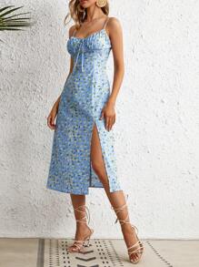 SHEIN VCAY Đầm Dây kéo Tách cao Thắt nơ trước Nếp gấp Phần Ngực Họa tiết hoa Boho - Màu xanh nhạt - Xem 5