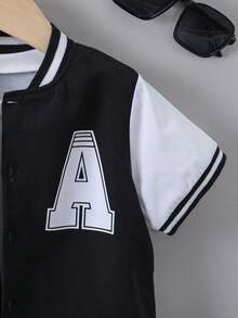 SHEIN 男小童黑/白字母圖案前紐扣棒球領短袖襯衫適用於戶外運動和休閒場合,夏天 - 黑與白 - 查看 6