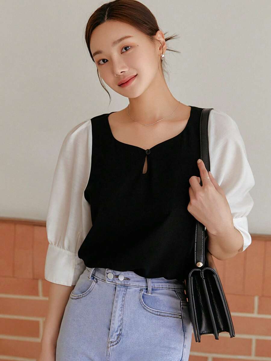 DAZY Khối màu Ống tay áo Áo sơ mi - Đen và trắng - Xem 1