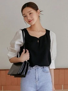 DAZY Khối màu Ống tay áo Áo sơ mi - Đen và trắng - Xem 3