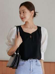 DAZY Khối màu Ống tay áo Áo sơ mi - Đen và trắng - Xem 4