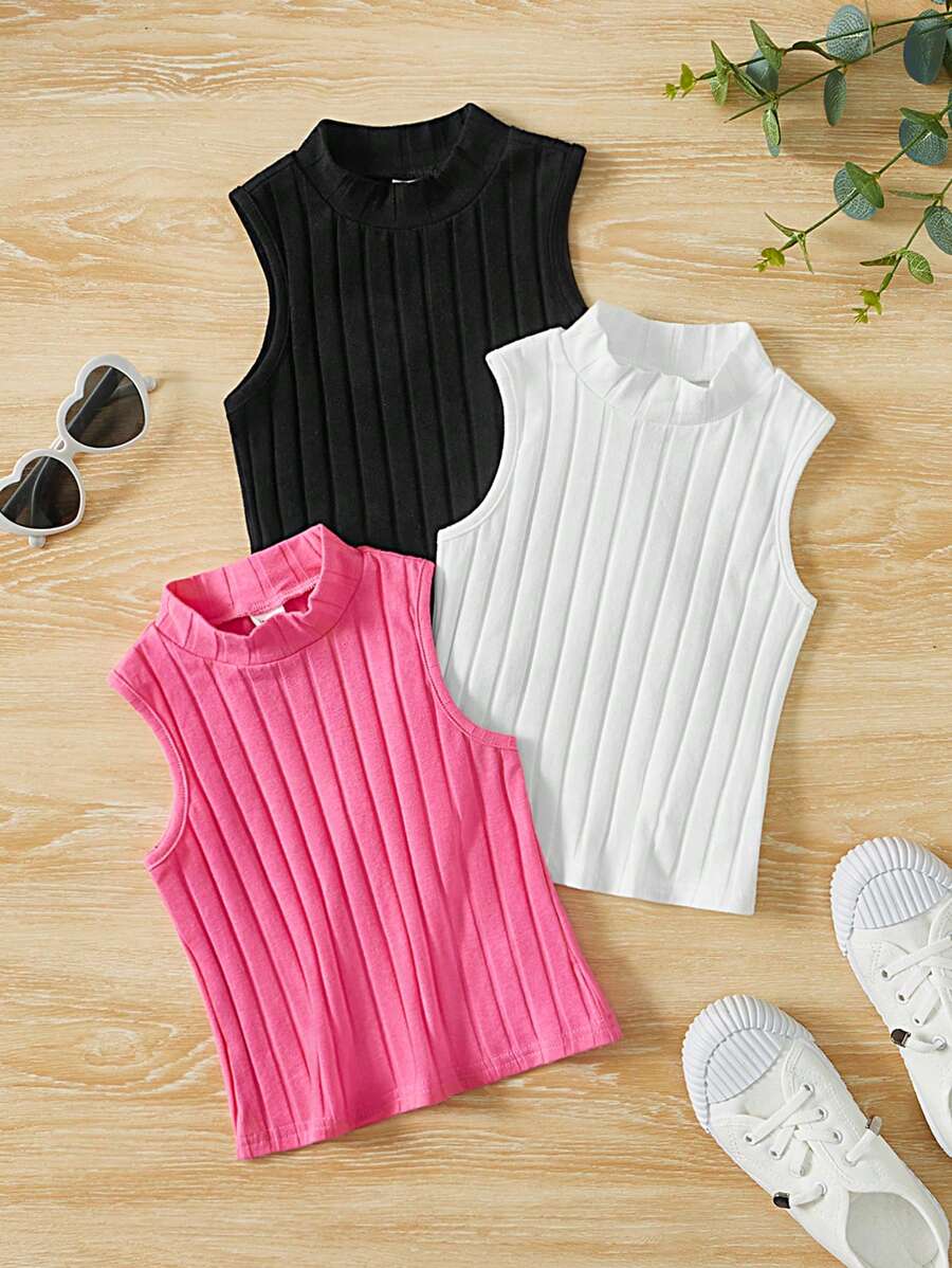 SHEIN 3pcs/Set Young Girl Solid Color Sleeveless Mock Neck Tank Tops - Multicolor - View 1
