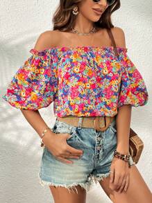 SHEIN VCAY 碎花一字肩褶邊泡泡袖襯衫 - 彩色 - 查看 7